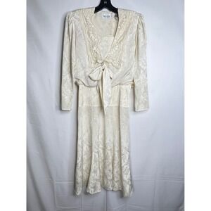 Vintage Nilani Cream Jacquard Tea Dress 8 Lace Collar Bow 80s Wedding Cottage